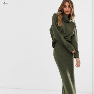 Sweater with cowl neck and ribbed midi skirt set